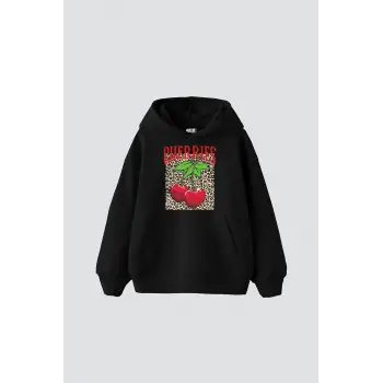 Cherries Leopard Baskılı Oversize Unisex Siyah