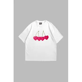 Cherry Nude Baskılı Oversize Unisex Premium Beyaz