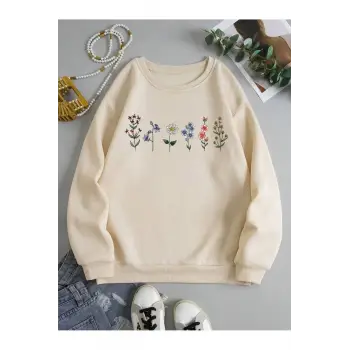 Çiçek Desenli Termal Astarlı Sweat Bej