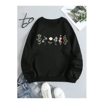 Çiçek Desenli Termal Astarlı Sweat Siyah
