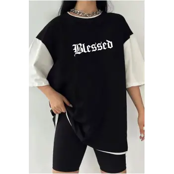 Çift Renk BLESSED Baskılı Unisex Tshirt