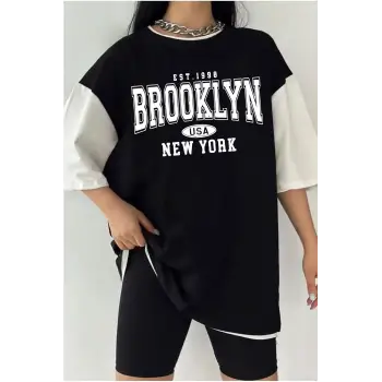 Çift Renk BROOKLYN 1898 Baskılı Unisex Tshirt