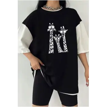 Çift Renk COOL ZURAFA  Baskılı Unisex Tshirt