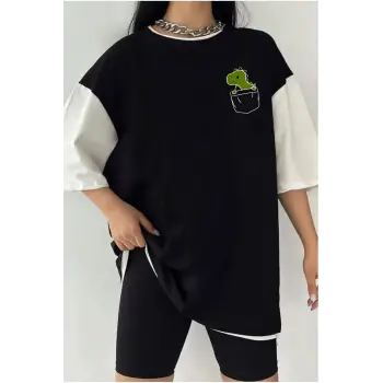 Çift Renk DİNO Baskılı Unisex Tshirt