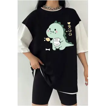 Çift Renk Dino Baskılı Unisex Tshirt