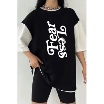 Çift Renk FEAR LESS Baskılı Unisex Tshirt