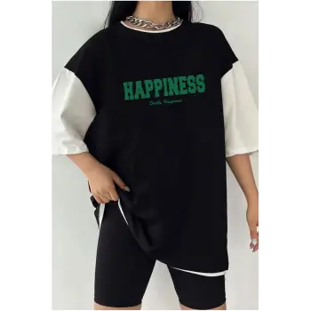 Çift Renk HAPPINESS Baskılı Unisex Tshirt