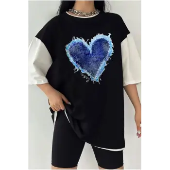 Çift Renk KALP Baskılı Unisex Tshirt