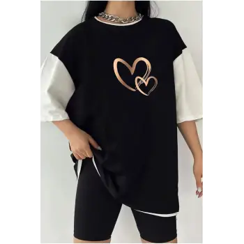 Çift Renk KALPLER  2 Baskılı Unisex Tshirt