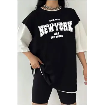 Çift Renk NEW YORK g Baskılı Unisex Tshirt