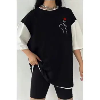 Çift Renk PEKİ KALP Baskılı Unisex Tshirt