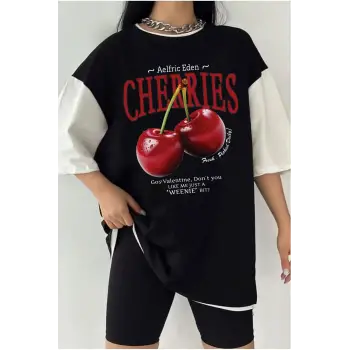 Çift Renk Red Cherries Baskılı Unisex Tshirt