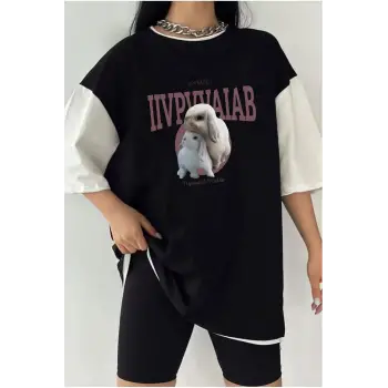 Çift Renk TAVŞAN Baskılı Unisex Tshirt