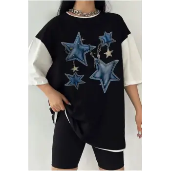 Çift Renk YILDIZ 3 Baskılı Unisex Tshirt