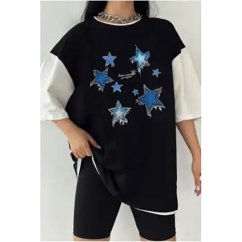 Çift Renk YILDIZ Baskılı Unisex Tshirt