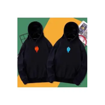 Çift Sevgili 2 Li Siyah Ateş Ve Su Baskılı Oversize Hoodie