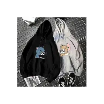 Çift Sevgili Siyah Gri Tom Ve Jery Baskılı Oversize Kapüşonlu Sweatshirt