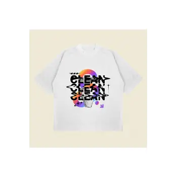Clean Baskılı Oversize Unisex Pamuklu Nefes Alan Kalın Kumaşlı