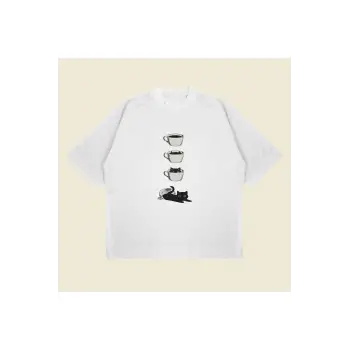 Coffee Cat Baskılı Oversize Unisex Pamuklu Nefes Alan Kalın Kumaşlı