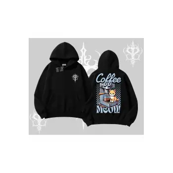 Coffee Meow Kahve Temalı Kedi Arka Baskılı Kapşonlu Sweatshirt