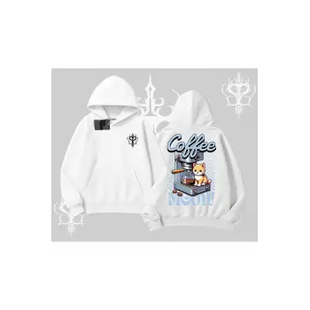 Coffee Meow Kahve Temalı Kedi Arka Baskılı Kapşonlu Sweatshirt