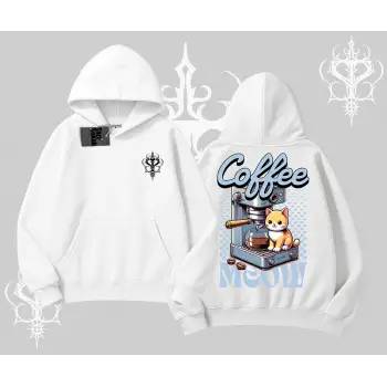 Coffee Meow Kahve Temalı Kedi Arka Baskılı Kapşonlu Sweatshirt