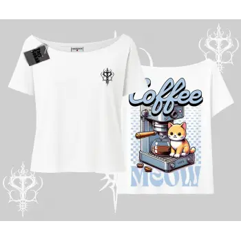 Coffee Meow Kahve Temalı Kedi Arka Baskılı Kayık Yaka Tshirt
