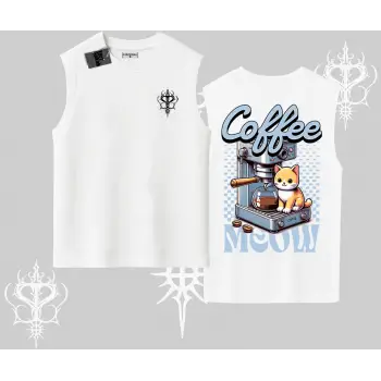 Coffee Meow Kahve Temalı Kedi Arka Baskılı Kolsuz Tshirt