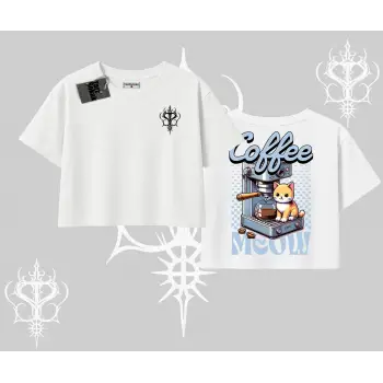 Coffee Meow Kahve Temalı Kedi Arka Baskılı Oversize Crop Tshirt
