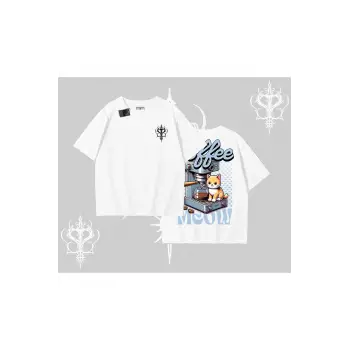 Coffee Meow Kahve Temalı Kedi Arka Baskılı Oversize Tshirt
