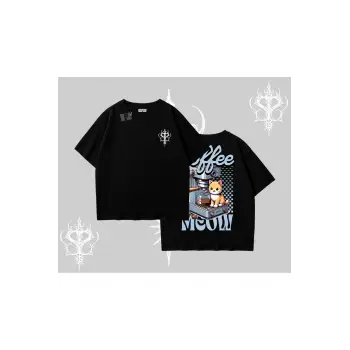 Coffee Meow Kahve Temalı Kedi Arka Baskılı Oversize Tshirt