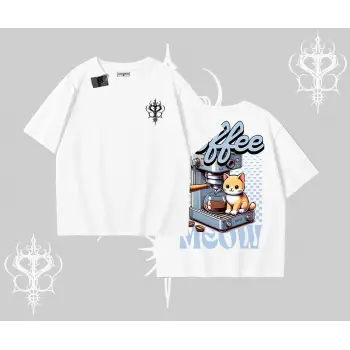 Coffee Meow Kahve Temalı Kedi Arka Baskılı Oversize Tshirt