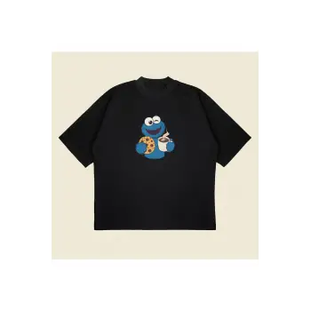 Coffee Monster Baskılı Oversize Unisex Pamuklu Nefes Alan Kalın Kumaşlı