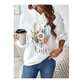 Coke serisi Floral & Feather Print Drop Shoulder Drawstring Hoodie