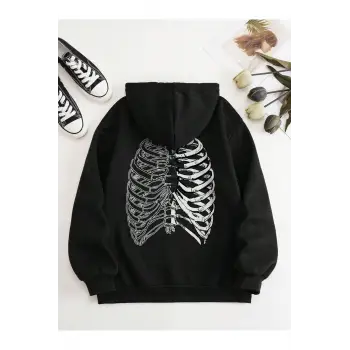 Coke serisi Skeleton Print Zip Up Thermal Lined Drawstring Hoodie