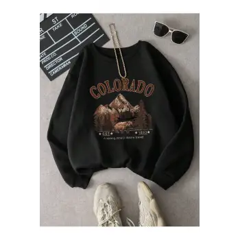 Colorado Baskılı Üç İplik Unisex Oversize Sweatshirt Siyah
