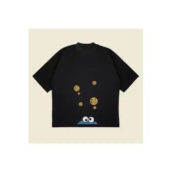 Cookie Monster Baskılı Oversize Unisex Pamuklu Nefes Alan Kalın Kumaşlı