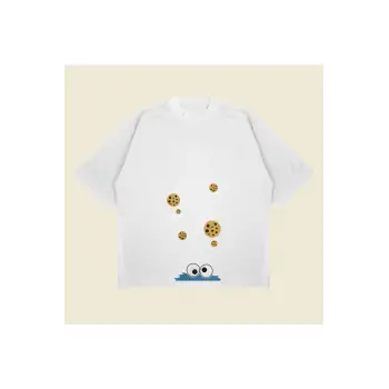 Cookie Monster Baskılı Oversize Unisex Pamuklu Nefes Alan Kalın Kumaşlı