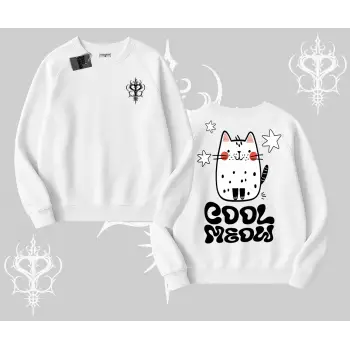 Cool Meow Yazılı Sevimli Kedi Arka Baskılı Biskilet Sweatshirt