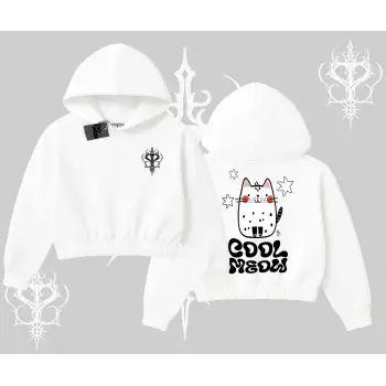 Cool Meow Yazılı Sevimli Kedi Arka Baskılı Kapşonlu Crop Sweatshirt