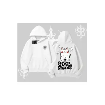 Cool Meow Yazılı Sevimli Kedi Arka Baskılı Kapşonlu Sweatshirt