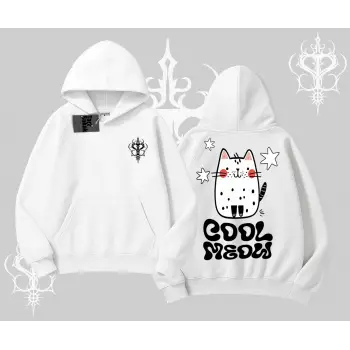 Cool Meow Yazılı Sevimli Kedi Arka Baskılı Kapşonlu Sweatshirt