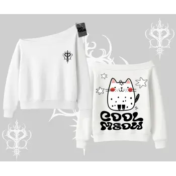 Cool Meow Yazılı Sevimli Kedi Arka Baskılı Kayık Yaka Sweatshirt
