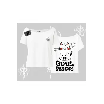 Cool Meow Yazılı Sevimli Kedi Arka Baskılı Kayık Yaka Tshirt