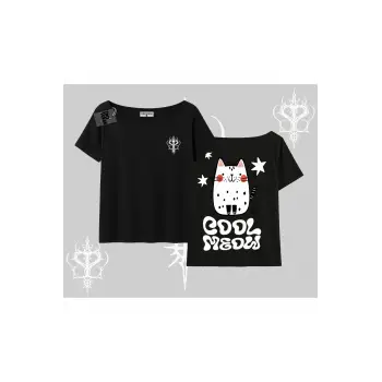 Cool Meow Yazılı Sevimli Kedi Arka Baskılı Kayık Yaka Tshirt