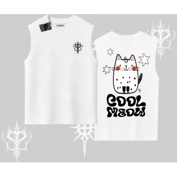 Cool Meow Yazılı Sevimli Kedi Arka Baskılı Kolsuz Tshirt