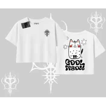 Cool Meow Yazılı Sevimli Kedi Arka Baskılı Oversize Crop Tshirt
