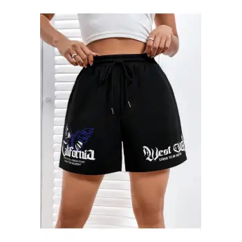 Coolane Butterfly & Letter Graphic Drawstring Waist Şort
