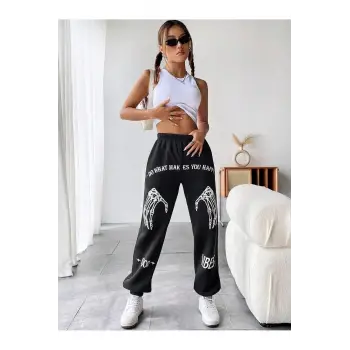 Coolane Skeleton Hand & Letter Graphic Elastic Waist 4 Mevsim Eşofman