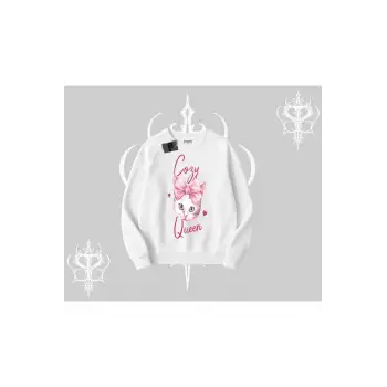 Cozy Queen Kedi Baskılı Biskilet Sweatshirt